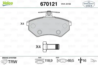 VALEO 670121 On Fren Balatası Ince Golf Iı Iıı 84>92 Jetta Iı 89>92 Passat Iı Iıı 85>97 Scırocco Iı 83>92 Inca 99 6N0698151B JZW698151F