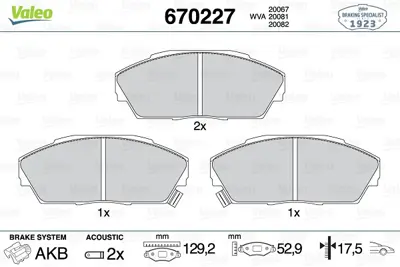 VALEO 670227 Dısk Fren Balatası (Ön) Rover 820 07.86 - 07.87 Acura Legend 10.85 - 12.88 Honda Accord 01.88 - 12.8 45022SD4A13 GBP90311AF