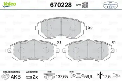 VALEO 670228 Ön Balata Forester 08-13 Impreza 08-12 Legacy 12-14 Xv12 26296FE020