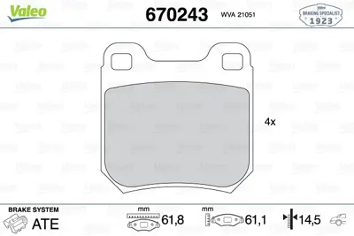 VALEO 670243 Arka Disk Fren Balatası Opel Omega 1.8/2.0/2.4/2.3d 05/86-04/94 Opel Senator 2.6/3.0/3.6 09/87-08/93 1605878