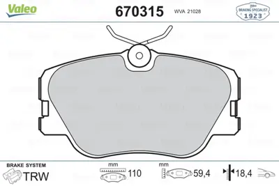 VALEO 670315 Dısk Fren Balatası (Ön) Mercedes E-Serısı W124, W201 A0054200220