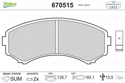 VALEO 670515 Dısk Fren Balatası (Ön) Mazda Mpv 99>02, E2000 2.0 91>04, E2200 2.2d 97>04 S4YK3323ZA