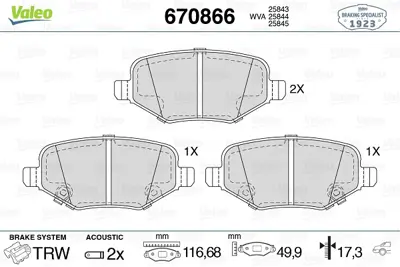 VALEO 670866 Arka Disk Fren Balatası Chrysler Grand Voyager 3.6 01/11 Dodge Journey 2.4/3.6 09/10 