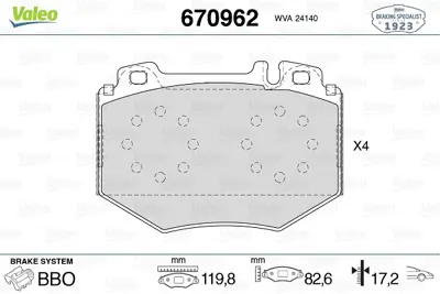 VALEO 670962 Dısk Fren Balatası (Ön) Mercedes S500 5.0 10/98-08/05 Mercedes S600 5.5/5.8 09/99-08/05 Mercedes S65 A0044200620