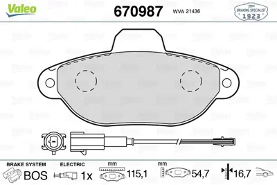 VALEO 670987 On Fren Balatası Panda 1,1 / 1,3 Hb 09 / 03> Punto 1.2 8v 03> 500 1.2 07> 77365816 9S512K021BC