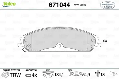 VALEO 671044 On Fren Balatası Lancıa Thema 3.0 Chrysler 300c 