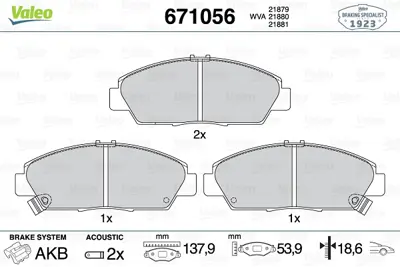 VALEO 671056 On Fren Balatası Honda Prelude 2.0 91-96 Accord 2.0 93-98 Rover 600 45022SS0G10 GBP90330AF