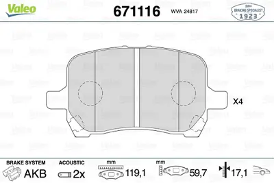 VALEO 671116 Ön Disk Fren Balatası Chevrolet Hhr 2.2/2.4 01/06-12/08 22820406