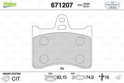 VALEO 671207 Arka Disk Fren Balatası Cıtroen Cx 2.0/2.2/2.4/2.5/2.2d/2.5d 09/75-12/92 95661798