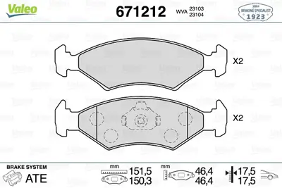 VALEO 671212 Dısk Fren Balatası (Ön) Ford Fıesta 1.3/1.4/1.8d 09/95-08/03 Ford Courıer Pıckup 1.8d 03/98-12/05 Fo 1E063323ZB 98FB2K021BA