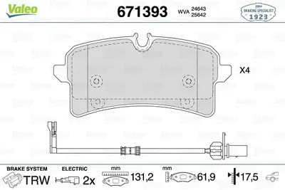 VALEO 671393 Arka Disk Fren Balatası Audı A8 Quattro 4.0/4.2/6.3/4.2d 11/09 - 01/18 4H6698451A