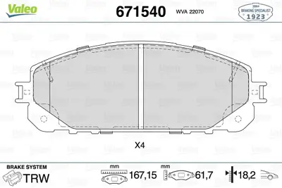 VALEO 671540 Fren Balatası On Cherokee Kl 13> K68227573AD