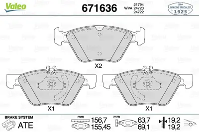 VALEO 671636 Dısk Fren Balatası (Ön) Mercedes E240 2.6 08/03 - 07/05 Mercedes E280 3.0/3.0d 03/05 - 07/09 Mercede A0044200720