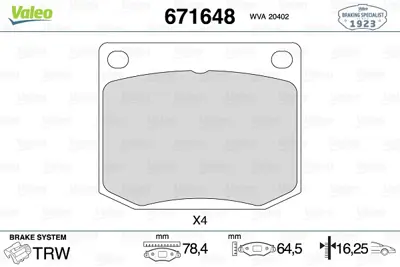 VALEO 671648 Dısk Fren Balatası (Ön) Saab 900 2.0 06/78-09/89 Saab 99 1.9/2.0 10/69-12/84 8993297