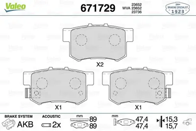 VALEO 671729 Arka Disk Fren Balatası Honda Fr-V 1.7/1.8/2.0/2.2 08/04 - 12/09 43022SJFE00