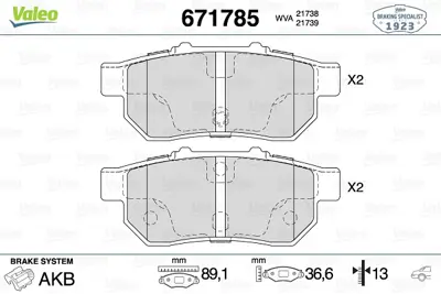 VALEO 671785 Arka Disk Fren Balatası Honda Cıvıc 1.6 10/91-12/95 Honda Crx 1.6 06/92-04/98 