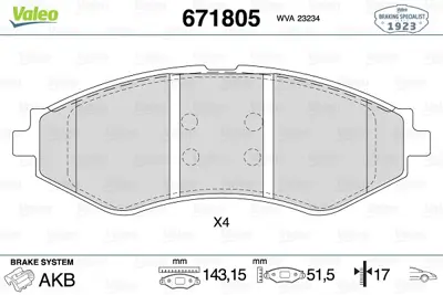 VALEO 671805 Ön Balata Fişli Nubıra 1.6/2.0cdx 97-99 - Leganza 2.0 2.2 Rezzo 1.6 2.0 05 96349060 S4510019