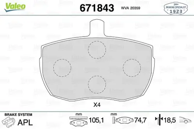 VALEO 671843 Dısk Fren Balatası (Ön) Alfa Romeo Ar8 2.4d 04/78-08/86 Daf 200 2.0 04/89-12/94 Daf 400 2.5d 04/89-0 89VX2K021BA RTC3163