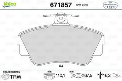 VALEO 671857 On Fren Balatası Volvo 440 1.6 1.8 2.0 (88 96) 460 1.6 1.8 1.9d 2.0 (88 96) 480 1.7 2.0 (86 96) 33447871