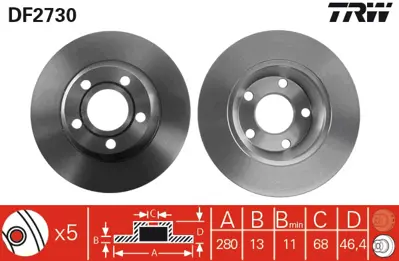 TRW DF2730 Fren Diski Ön A4 95>01 Düz 280mm 8D0615301AROH 8DO615301A