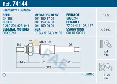 FAE 74144 Kızdırma Bujısı 11599901 596034 6611593101 7701414157