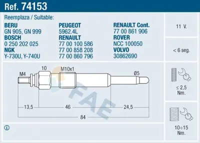 FAE 74153 Kızdırma Bujısı 30862690 59624L 7700861906 NCC100050