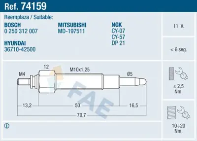 FAE 74159 Kızdırma Bujısı Mıtsubıshı L200-L300 11v Soklu Canter 511 3671042500 MD197511