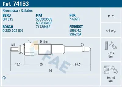 FAE 74163 Isıtma Kızdırma Bujısı Jumper Iı Boxer Iı 2.8hdı 02> Ducato Iı 2.8jtd Daıly 02> 500316493 59625A 71735462