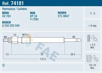 FAE 74181 Kızdırma Bujısı Chevrolet Blazer 2,5d Sprınter 4t - Dıscovery I - Range Rover I 2,5td 1500581 93321136 ETC8847