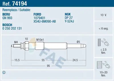 FAE 74194 Kızdırma Bujısı Connect 1.8tdcı 02>11 Focus Iı 1.8tdcı 98>04 Cmax Galaxy 07 /> XS4U6M090AB