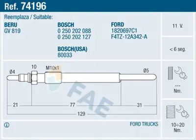 FAE 74196 Kızdırma Bujısı 11v Ford Ecolıne E 350 – Pıckup F 250 F4TZ12A342A