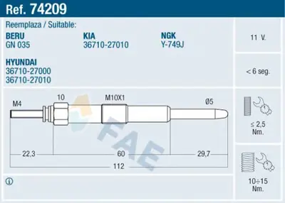 FAE 74209 Kızdırma Bujısı Hyundaı Accent Admıra 02-05 Getz 03-05 3 Sılındır Dızel Santafe 01-> Tucson 04-10 2. 3671027010