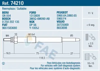 FAE 74210 Kızdırma Bujısı 3M5Q6M090AC 5960F4 8653698 9651583680