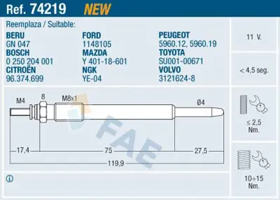 FAE 74219 Kızdırma Bujısı 31216248 5960E9 96374699 EZD42 SU00100671 Y40118601