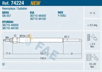 FAE 74224 Kızdırma Bujısı Starex Crdı 03> H100 Kamyonet 12> Kıa Sorento 03> 140 170 Bg 367104A100