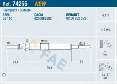 FAE 74255 Kızdırma Bujısı Renault Megane Iıı Fluence Clıo Iıı Kangoo Scenıc Modus Duster Logan Sandero 1.5 Dcı 1106500Q0E 8200682592