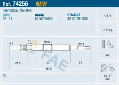 FAE 74256 Kızdırma Bujısı Megane Iıı Scenıc Iıı 1,9dcı 1855080KA0000 8200794920