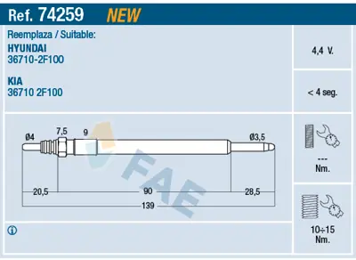 FAE 74259 Kızdırma Bujısı 5v Hyundaı Ix35 - Santafe 2.0 Crdı 2009-> Sorento 2.2 Crdı 2010-> 367102F100