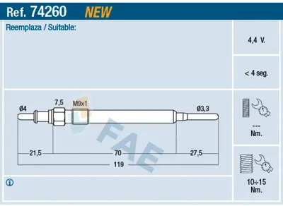 FAE 74260 Kızdırma Bujısı 1826357 55210051 55564219 5960L4 BS516M090AA