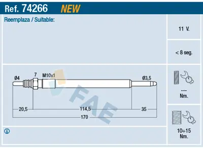 FAE 74266 Kızdırma Bujısı 11 V Canter 35-55-Pajero Dı-D,Td ME203539