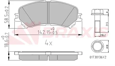 BRAXIS AA0667 On Fren Balatası Renault Megane Iv 15> Scenıc Iv 15> Talısman 15> G:142 Mm Y:58,5mm K:18,6 Mm 410606124R