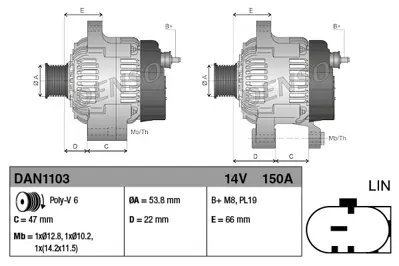 DENSO DAN1103 Alternator  14 V 150a 508pn Range Rover Vogue L322 09>12 508ps Sport I L320 09>13 Jaguar F-Type X152 LR124471 T2H15686