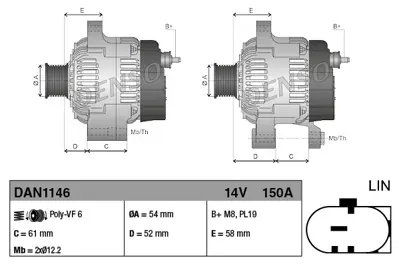 DENSO DAN1146 Alternator 14v 150a 500x Egea 1.6 Mjet 16>20 Gıulıetta 2.0 Mjet 13>18 Renegade 2.0 1.6 Crd 14> 51929089