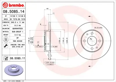 BREMBO 08.5085.14 On Fren Dıskı Fıat 500 500c 07> Tempra Tıpo Punto Panda Marea Bravo 96> Alfa Romeo 145 146 155 92> F 7663465 7685656 BS511125AA