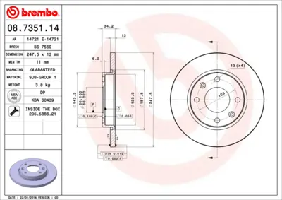 BREMBO 08.7351.14 On Fren Dısk Aynası Xsara 1.4 Tud5 P206 P306 1.4 8v (Hava Sogutmasız) 4246R9 E169014