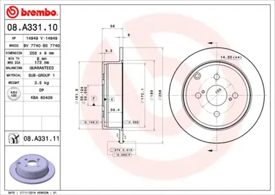 BREMBO 08.A331.10 Arka Fren Dıskı (Aynası) Duz Toyota Corolla Vvtı Benzınlı 03>07 (258x4) 4243102071