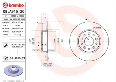 BREMBO 08.A915.20 Fren Dıskı Arka Fıat 500l 0.9 1.3d 1.4 1.6d 12> Egea 15> 52067390