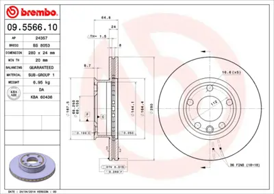 BREMBO 09.5566.10 On Fren Aynası Havalı Transporter T4 1.8 / 1.9d / Td / Tdı / 2.0 / 2.4d / 2.5 / 2.5tdı / 2.8 90>03 701615301D