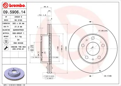 BREMBO 09.5906.14 On Fren Dıskı Boxer Jumper Ducato Tum Modeller 16q (16 Jant) Karsan Jest (Cap:300 Kalınlık: 24) 1307356080 4246K3