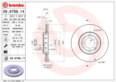 BREMBO 09.6799.14 On Fren Aynası Havalı Polo Classıc 1.4 1.6 95> JZW615301L